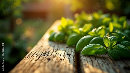 Close Up Fresh Green Leaves on Rustic Wood Table in Sunlight