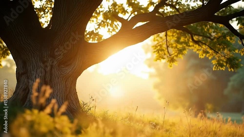 Standing Majestic Oak Tree in Golden Sunlight on Meadow