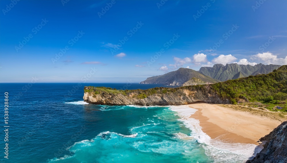 Obraz premium Breathtaking Aerial View of Tropical Beach Coastline with Turquoise Ocean, Sandy Shore, Lush Green Cliffs, and Majestic Mountains Under a Sunny Blue Sky