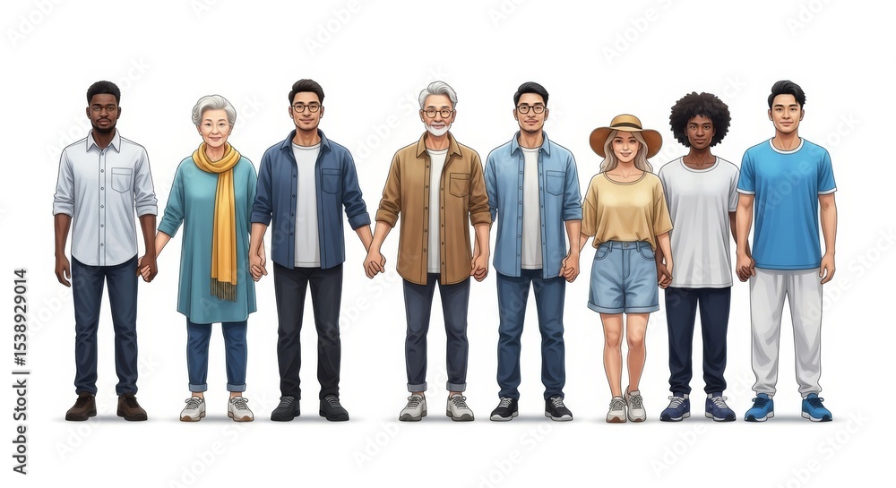 Fototapeta premium Diverse group of people standing together holding hands in a line on a white background image art