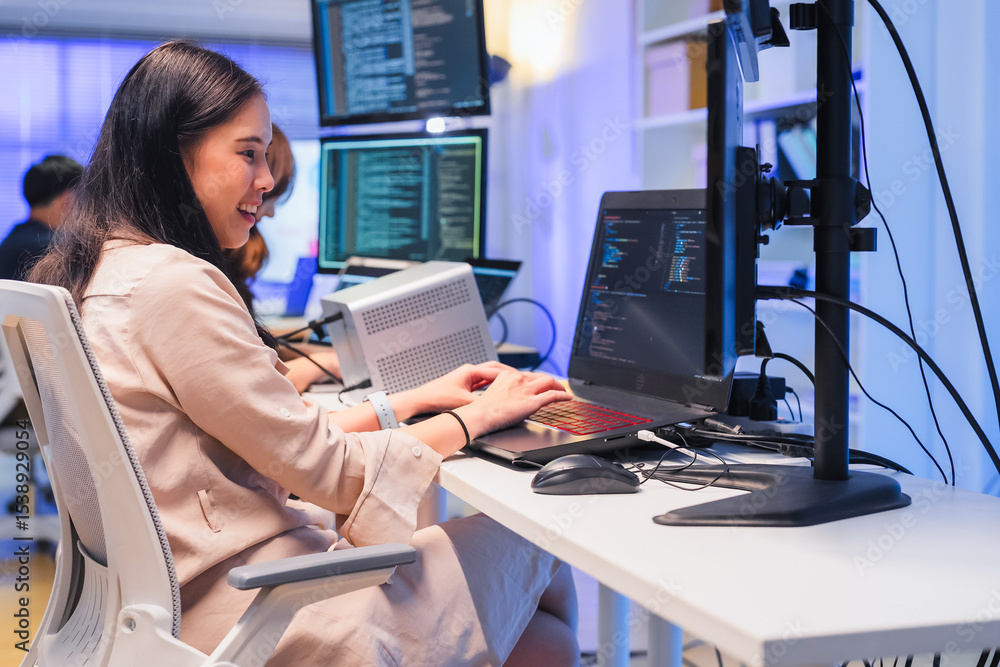 Asian programmers collaborating on software development at night, focused on writing code across multiple monitors in a tech office environment  Programmers Collaborating on Software Development 