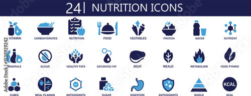 24 Nutrition Icons Set – Two Color Flat Vector for Healthy Food, Diet & Wellness. The icons are ideal for use in infographics, health apps, food packaging, education materials, and wellness platforms.