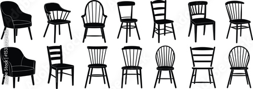 A curated collection of diverse wooden chair silhouettes, showcasing various styles for furniture design, interior decorating, icons, and graphic illustrations.