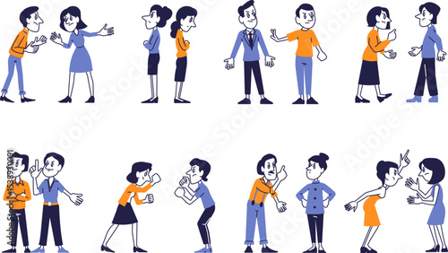 Various Emotional Reactions Between People. Vector Set of Cartoon Characters in Conflict, Disagreement, or Debate Situations