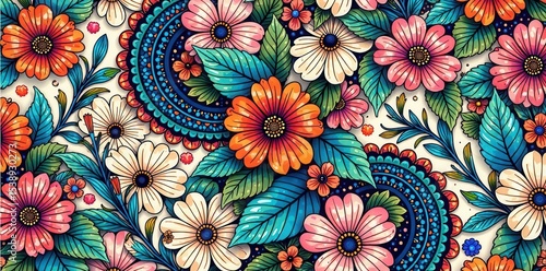 Intricate paisley & floral doodles, seamless pattern, repeat