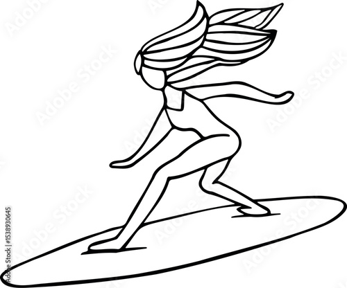 Illustration of woman surfing vector art illustration for summer sport activity and vacation outline drawing with surfboard design vector