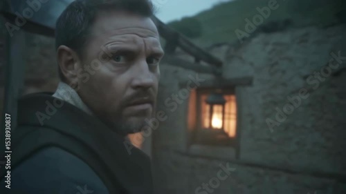 Medieval monk exploring a village at dusk, observing surroundings with curiosity and suspicion, glancing over shoulder and towards dimly lit windows