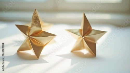 Golden Origami Stars Decorative Paper Craft Art Shining in Light