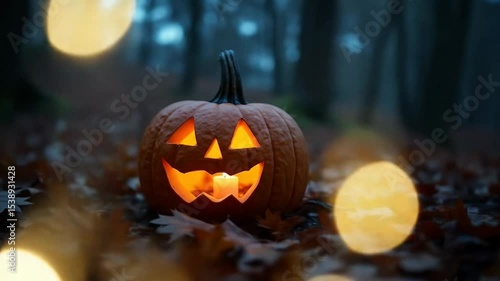 Glowing Carved Pumpkin with Candle in Dark Autumn Forest Scene