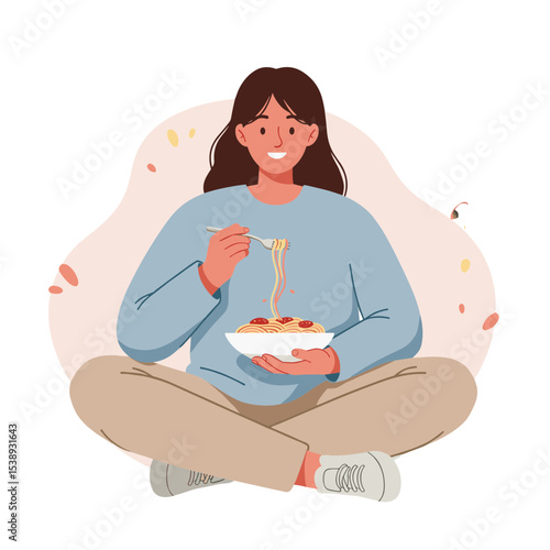 Flat design of a young adult sitting cross-legged with a bowl of spaghetti