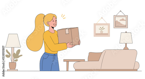 Flat illustration of a woman holding a freshly delivered package while standing inside her home, joyful and surprised face