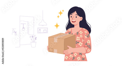 Flat illustration of a woman holding a freshly delivered package while standing inside her home, joyful and surprised face