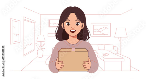 Flat illustration of a woman holding a freshly delivered package while standing inside her home, joyful and surprised face