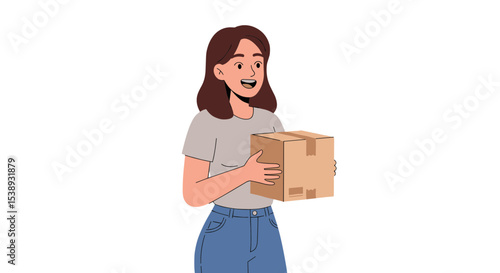 Flat illustration of a happy woman opening her front door to receive a delivery box, smiling at the delivery person