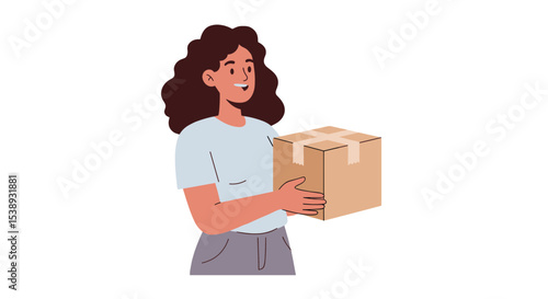 Flat illustration of a happy woman opening her front door to receive a delivery box, smiling at the delivery person