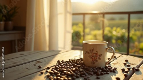Drinking Hot Coffee Overlooking Rural Vineyard At Sunrise