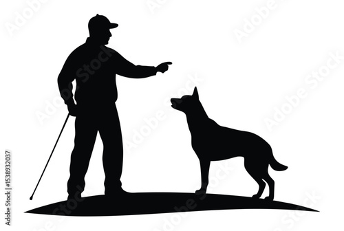 Dog trainer teaching obedient dog on field silhouette vector illustration for pet training concept