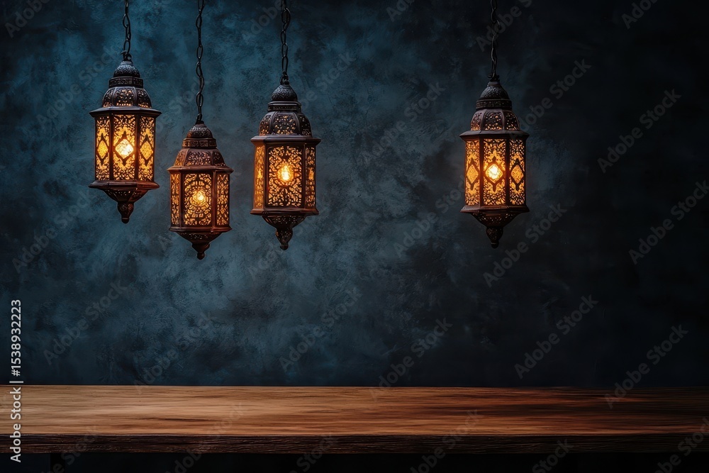 Fototapeta premium Four ornate, illuminated metal lanterns hang against a dark teal textured backdrop, above a rustic wooden surface