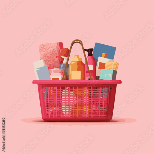 Red Shopping Basket Full of Groceries, Flat Vector Illustration of Supermarket Food and Household Items for Retail and E-commerce Design