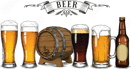 Vintage beer illustration with different glass styles, wooden barrel, brown bottle, foam, banner label, hand drawn vector art for pub, brewery, drink concept