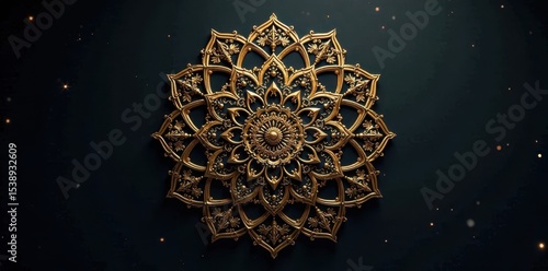 Intricate gold mandala on deep black background, sophisticated, deco