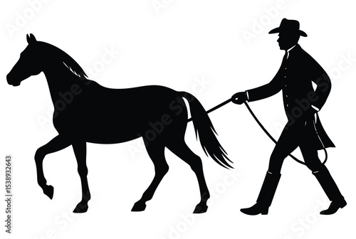 Silhouette of elderly man walking with horse vector icon minimalistic flat design illustration