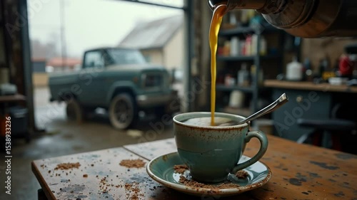 Pouring Hot Drink Into Cup on Table Next to Vehicle