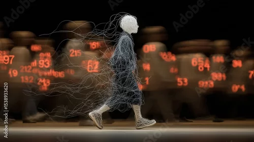 Fototapeta Silhouette fil de fer qui court avec des nombres flottants lumineux