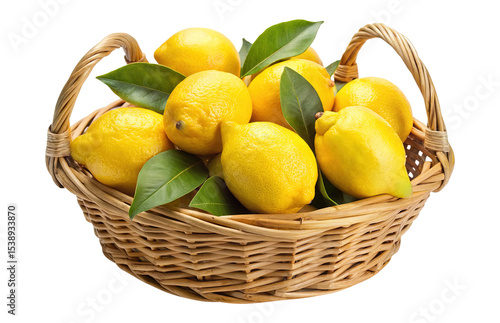A wicker basket full of fresh lemons and green leaves on Transparent PNG