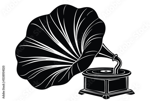 Vintage gramophone silhouette vector illustration on white background for retro music design
