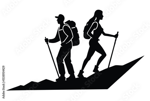 Silhouette Vector of Hiking Men and Women for Mountain Trekking and Camping Themed Artwork