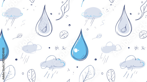 Doodle water drops scatter across patterned weather background scene