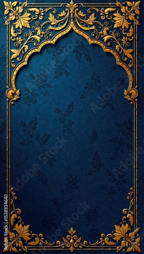 Intricate arabesque design, gold on navy blue background, tile, texture, background