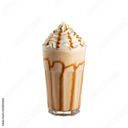 Delectable Caramel Frappe: A photorealistic view captures a refreshing caramel frappe, beautifully presented in a tall glass.