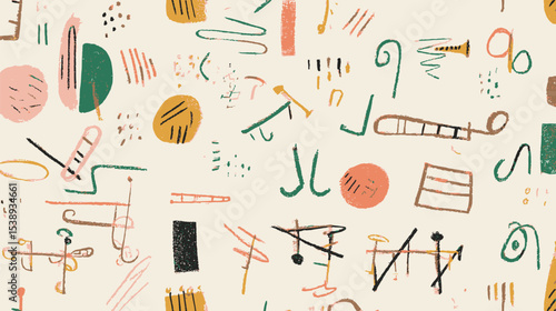 Abstract shapes float against creamy textile backdrop displaying design