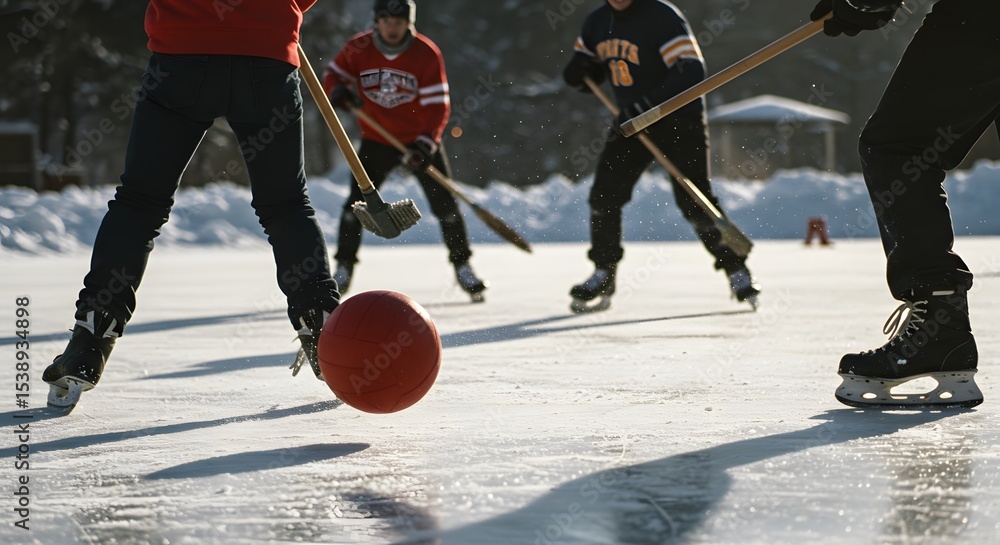 Obraz premium Intense ice hockey game action on a snowy rink, broomball, broom ball, broomballs