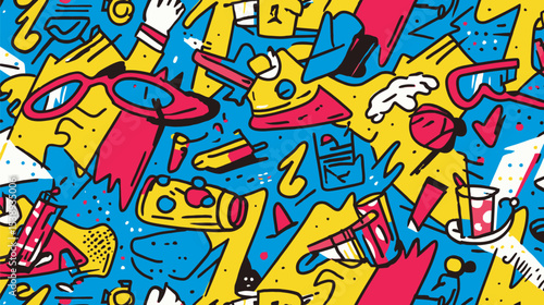 Graphic art features varied objects scatters brightly colorful background