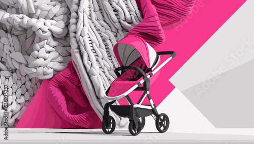 Stylish pink baby stroller against a textured backdrop of knitted fabric