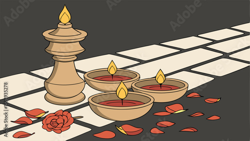 A serene arrangement of diyas and a rose, casting a warm glow on the patterned floor