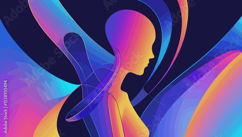 Stylized silhouette of a human figure with flowing shapes and vibrant colors on a dark background
