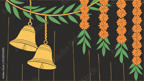 Golden bells hanging amidst marigold garlands and green foliage against a dark backdrop, evoking a festive and celebratory atmosphere