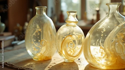 Arrangement of Hand Blown Glass Vases with Decorative Swirls