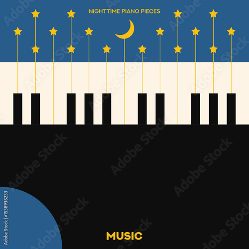 Piano. Musical poster for your design. Music elements design for card, invitation, flyer. Music background vector illustration. Music piano keyboard. Crescent symbol. Stars.