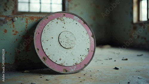 Circular Metal Object Leaning Against Wall in Abandoned Building Interior