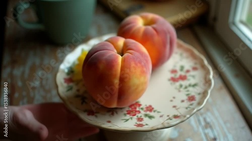 Peaches Still Life with Yellow Flower on Decorative Plate