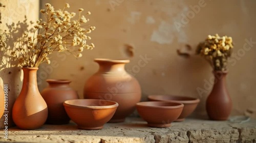 Clay Pottery and Dried Flowers Arrangement in Warm Light Still Life