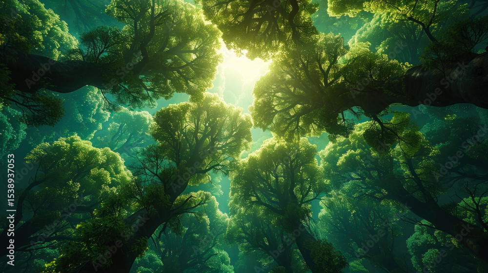 Fototapeta premium Lush green forest canopy with sunlight streaming through tall trees, creating a magical, peaceful, and immersive nature atmosphere. 