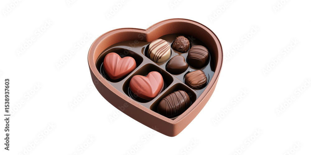 Fototapeta premium Heart-Shaped Chocolate Box With Assorted Truffles. Perfect Gift For Valentine'S Day And Romantic Occasions Isolated On Transparent Background