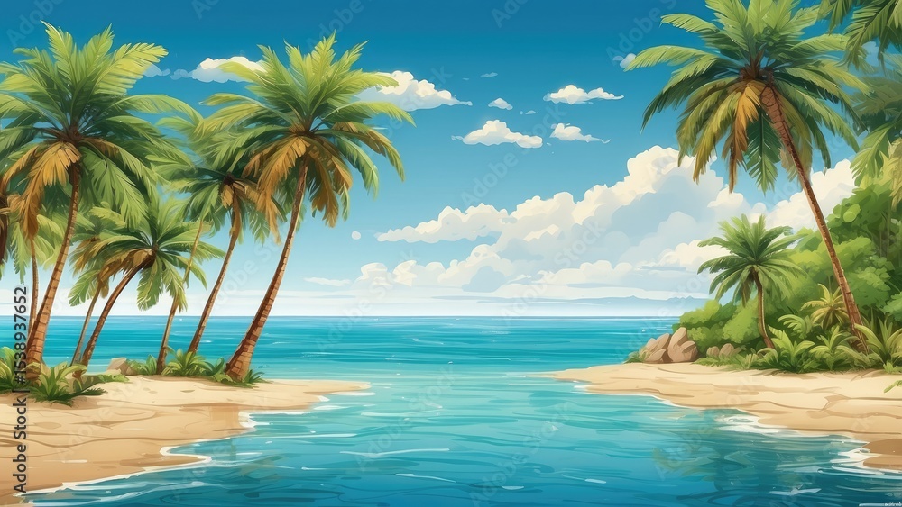 Fototapeta premium Aerial view of a tropical beach with soft golden sand meeting a clear turquoise sea.