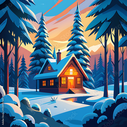 Wallpaper Mural A warmly lit winter cabin nestled deep in a serene snow blanketed forest  surrounded by towering pines and untouched drifts of snow
 Torontodigital.ca
